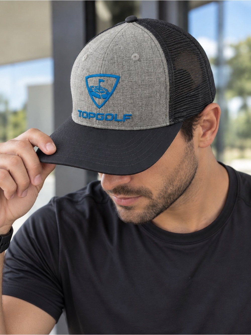 Men's Gray and Black Mesh Logo Cap - Blue Embroidery